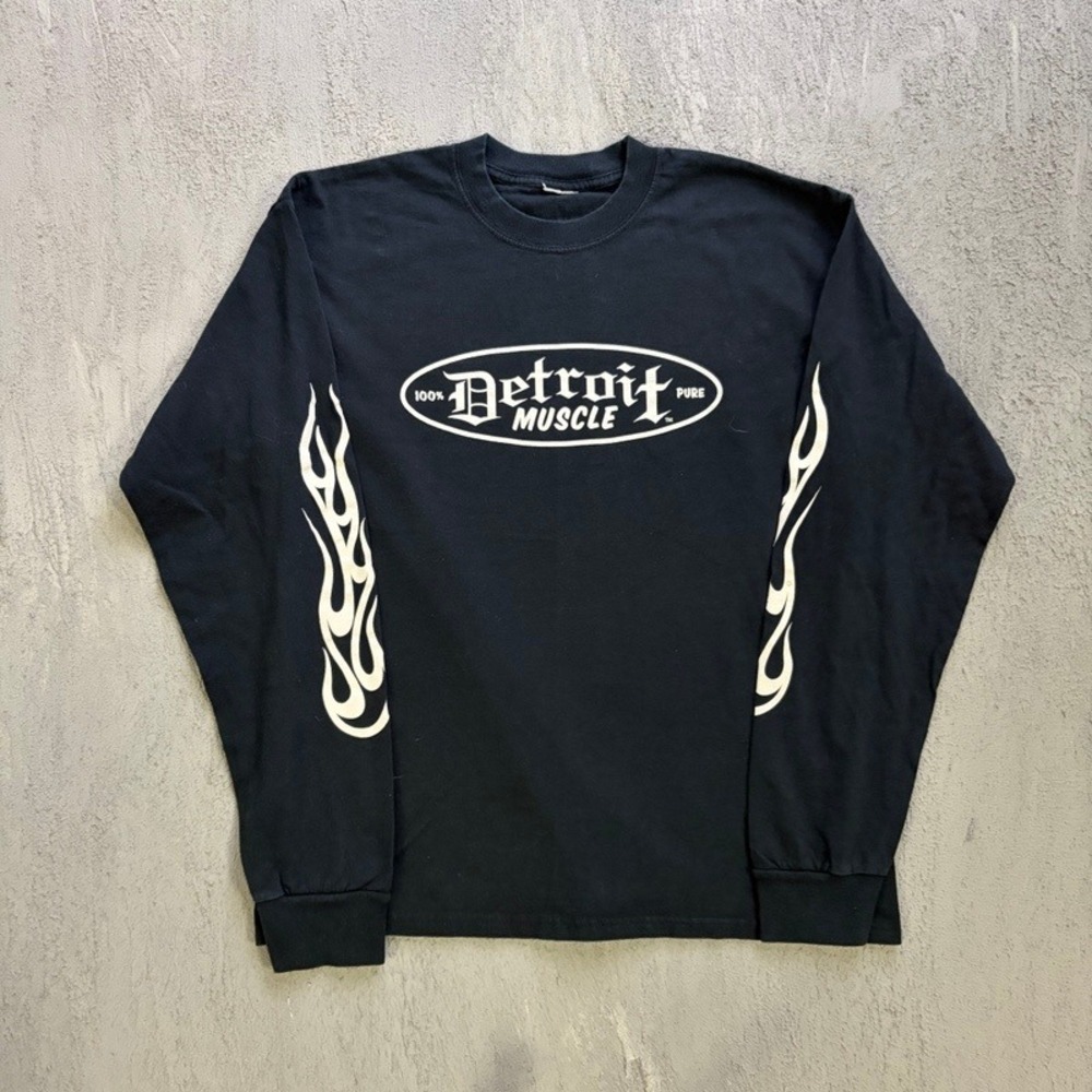 Vintage Detroit Muscle Long Sleeve Shirt Large Black 90s Flame Biker Chopper
